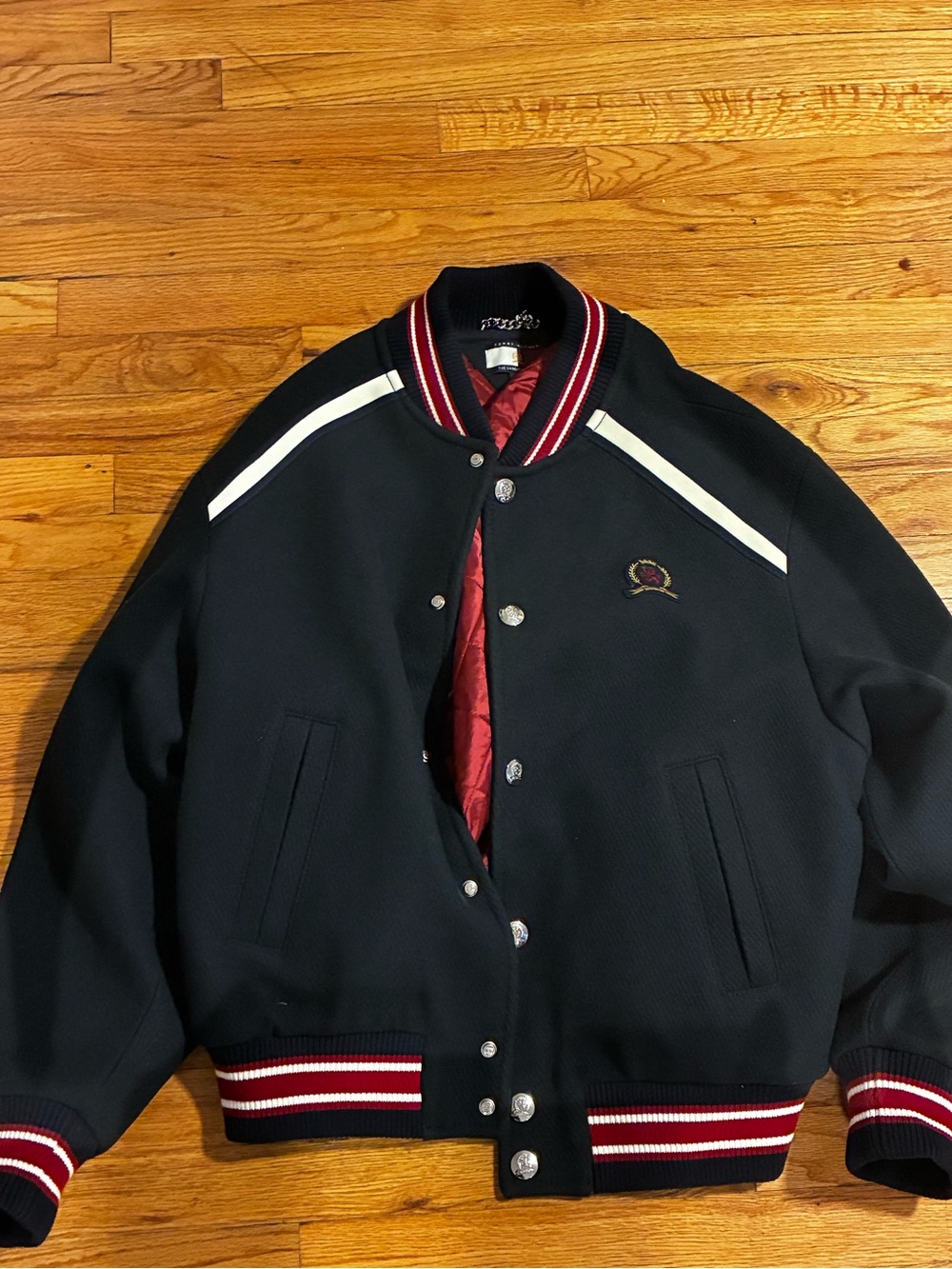Men's navy blue  Varsity Bomber Jacket with Red Trim